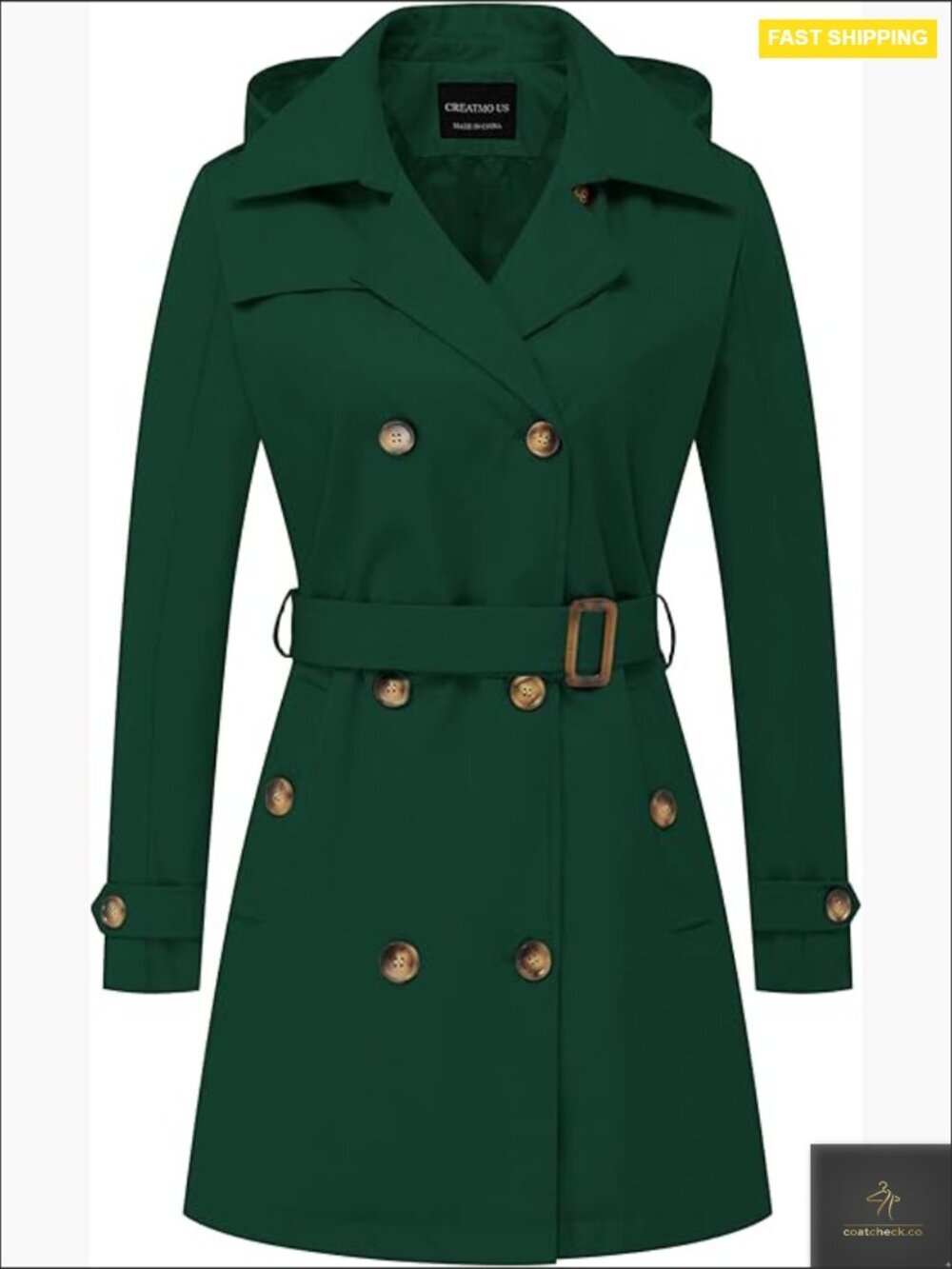 Classic Trench Coat Double Breasted Belted Slim Fit Detachable Hood Waterproof